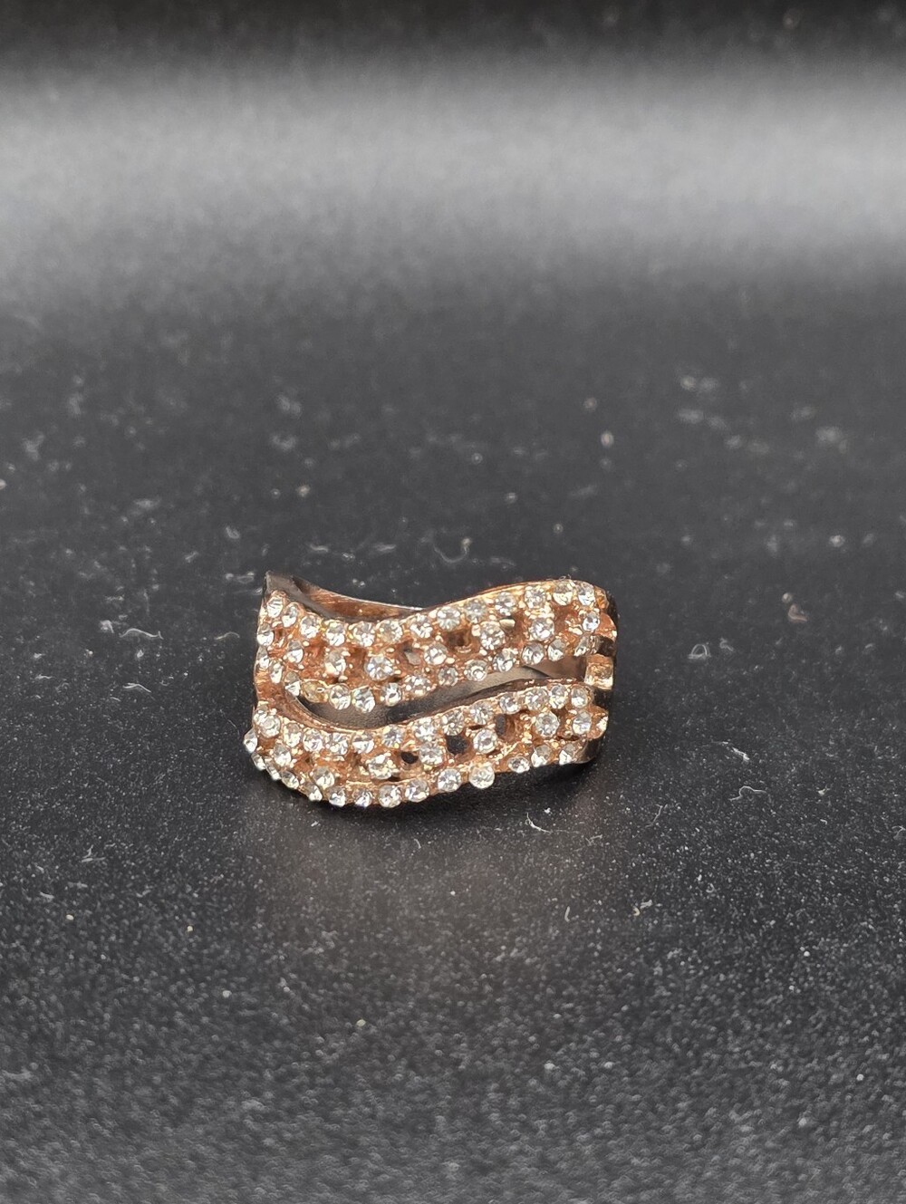 Rose Gold Tone Rhinestone Wave Ring Statement Band Clear Micro Pave Wear
